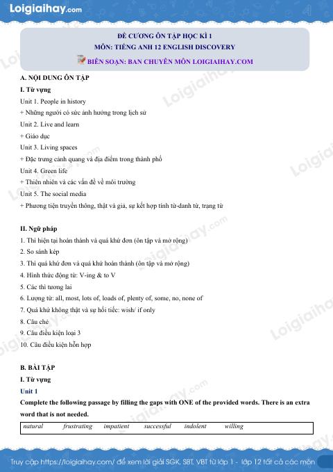 Đề cương ôn tập HK1 tiếng Anh 12 english discovery có đáp án